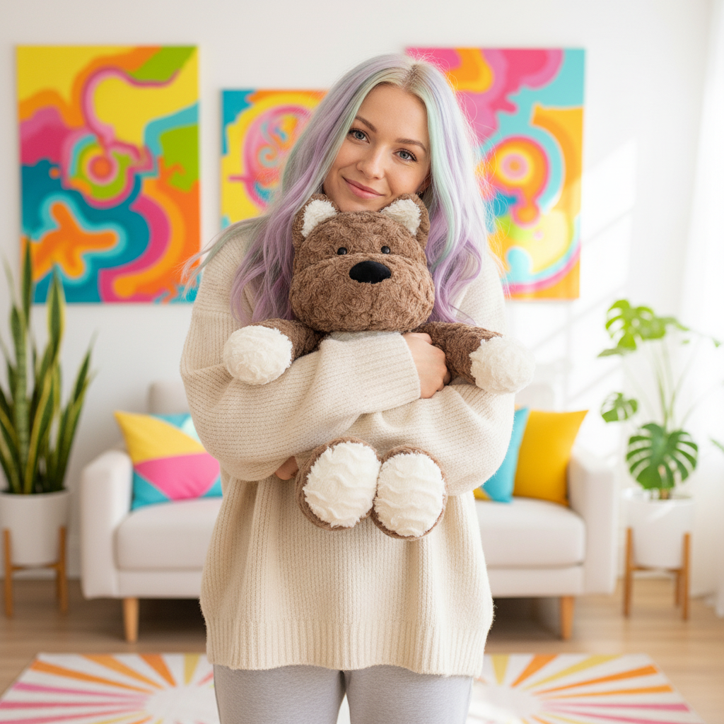 Woman holding a brown plush dog in a room with colorful abstract art on the walls.