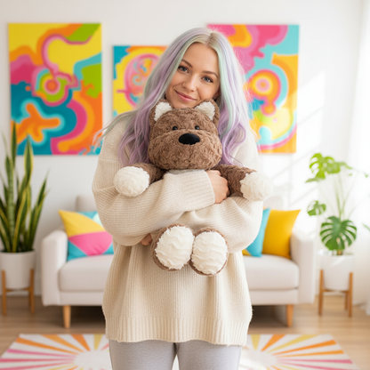 Woman holding a brown plush dog in a room with colorful abstract art on the walls.