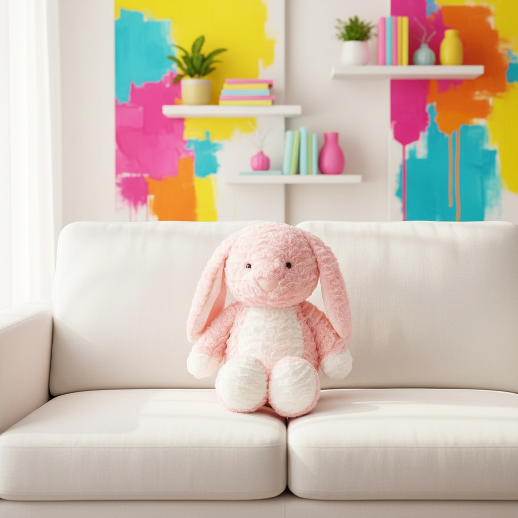 Pink plush bunny sitting on a white couch with colorful abstract art in the background.