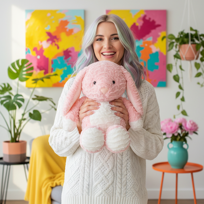 Woman holding a pink plush bunny in a room with colorful abstract art and plants.