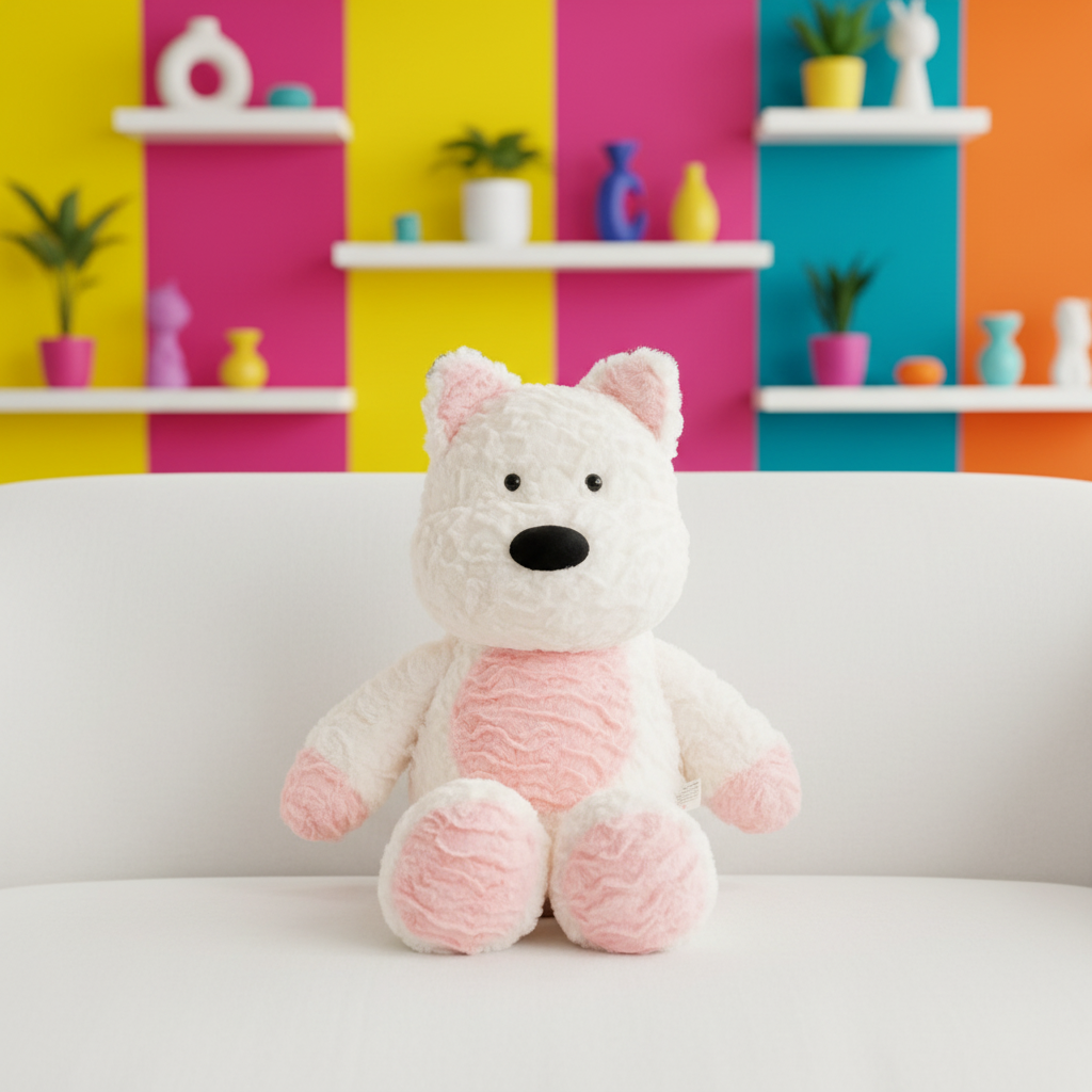 White and pink plush dog on a white couch with a colorful striped wall in the background