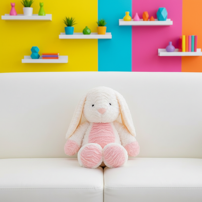 Pink plush bunny on a white couch with colorful wall and shelves in the background