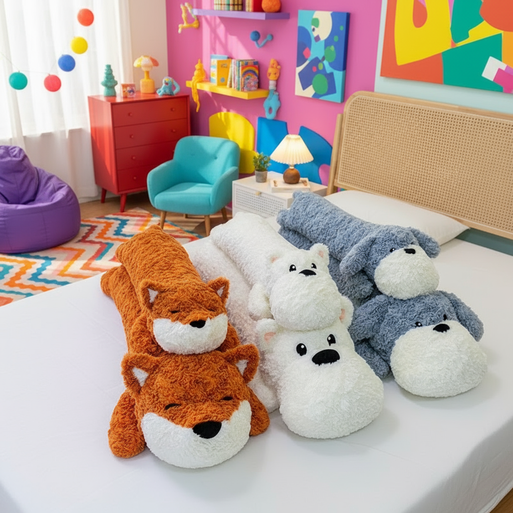 Various animal plush stuffed animals laying on a bed in a bright colorful bedroom setting