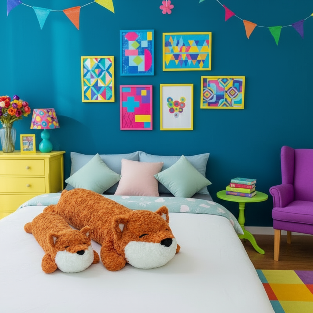 Fox plush body pillow laying on a bed in a colorful bedroom setting with blue walls