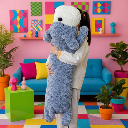 Woman hugging a giant blue dog plush body pillow in a vibrant living room setting