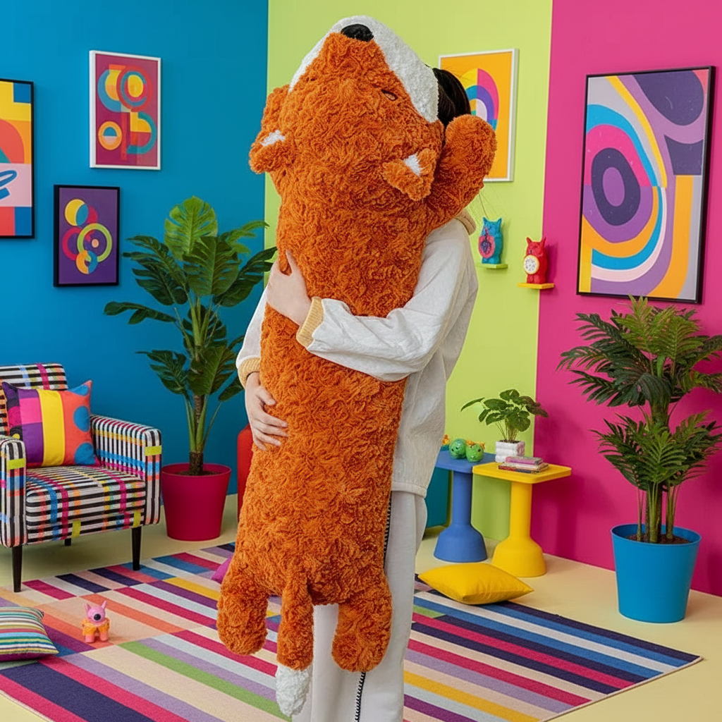 Woman holding a giant fox stuffed animal in a vibrant living room setting