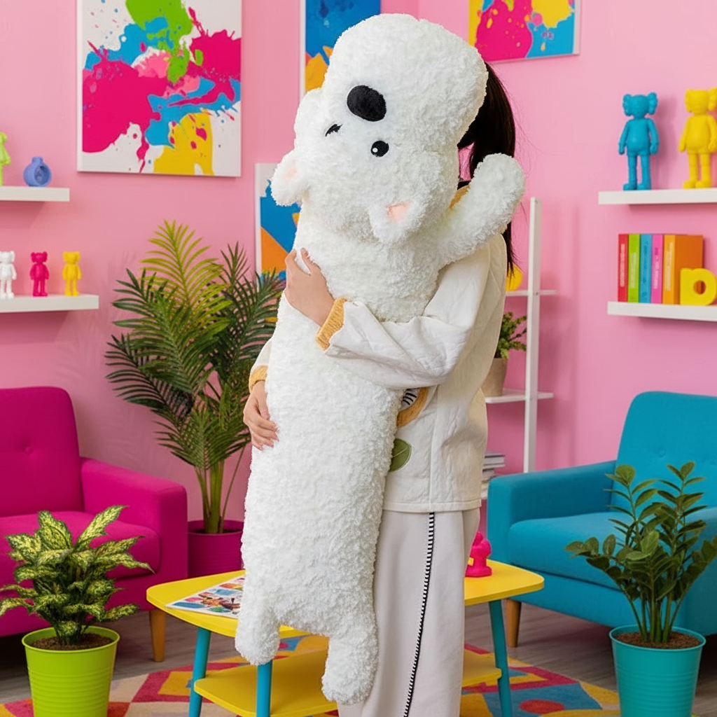 Woman holding a giant white dog stuffed animal in a bright and vibrant living room