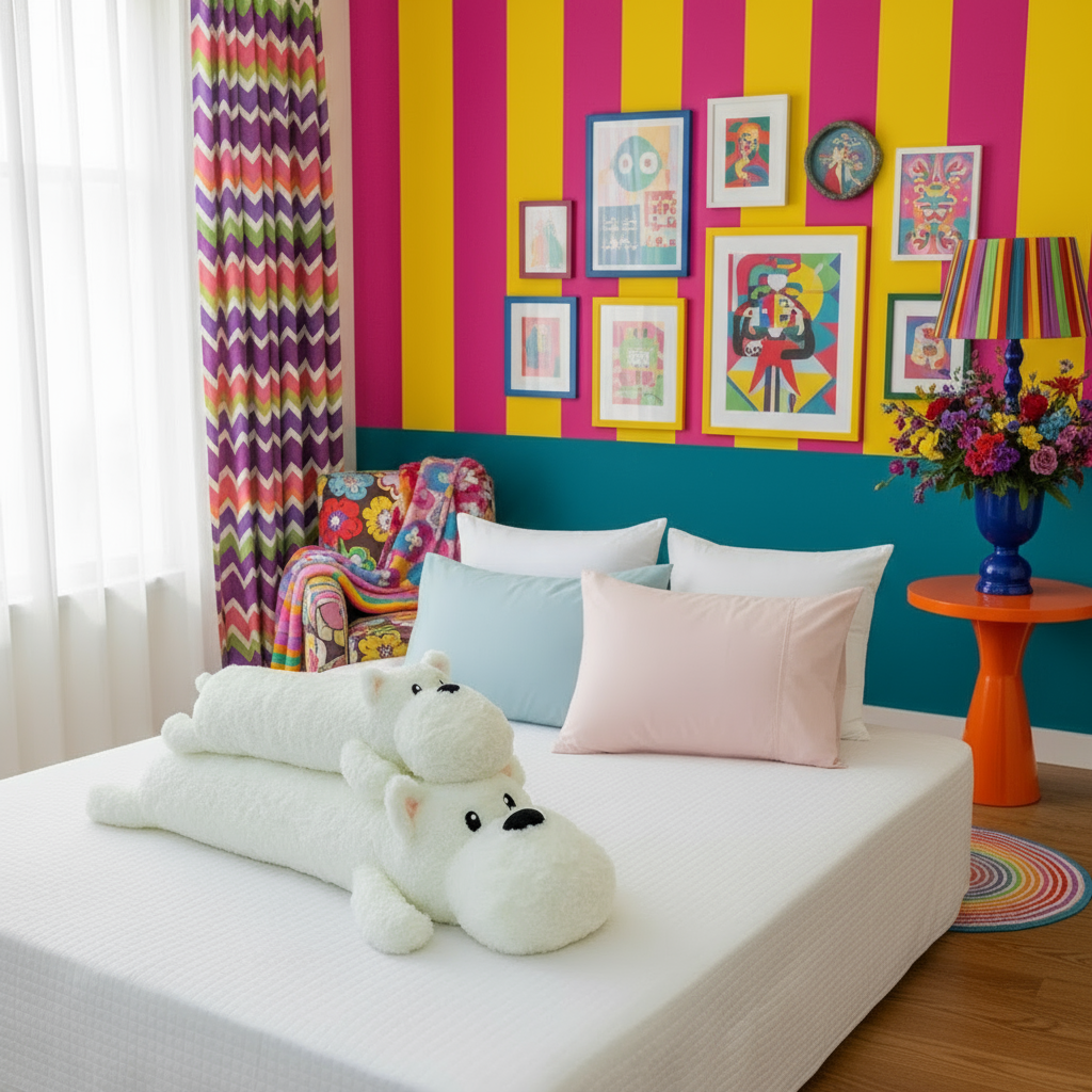 White dog plush body pillows laying on a bed in a bright and colorful bedroom setting