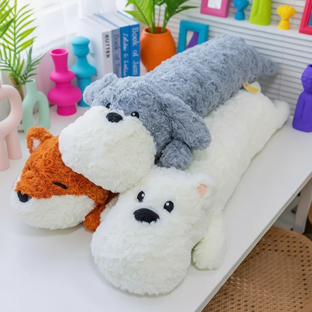 Three plushie body pillows shaped like various animals laying on a desk with plants around