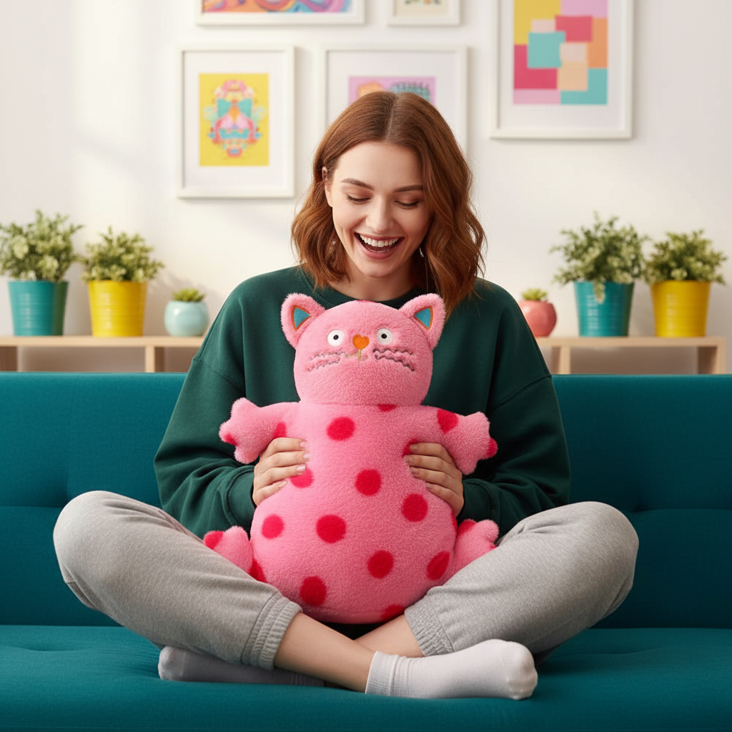 Woman holding a pink polka dot cat plush toy in a bright living room.