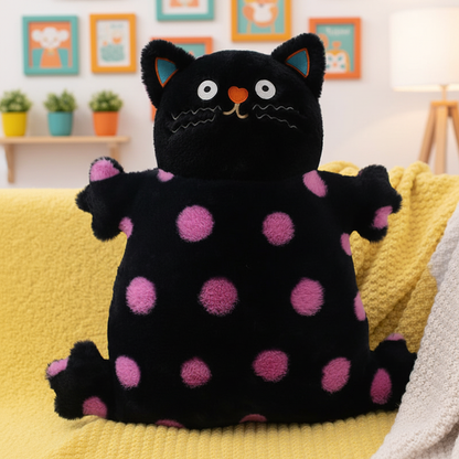 Black cat-shaped plush toy with pink polka dots on a yellow couch.