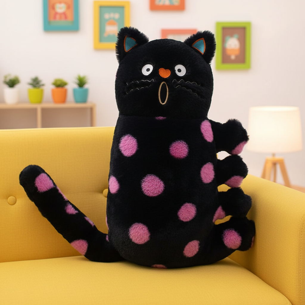 Black cat plushie with pink polka dots on a yellow couch in a room with plants and framed pictures.