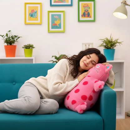 Woman lying on a blue couch with a pink polka dot cat plushie pillow in a room with colorful frames on the wall.
