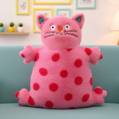 Pink plush cat with red polka dots on a light blue couch