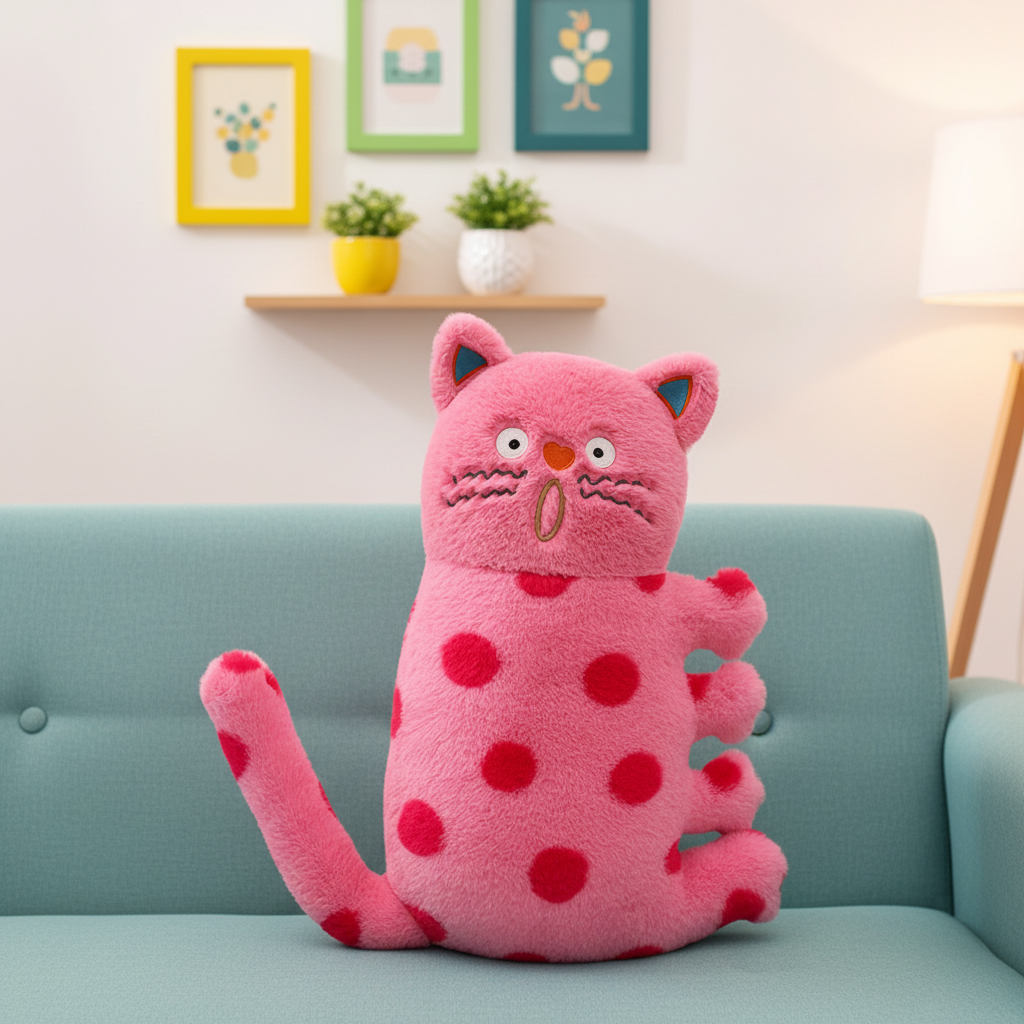 Pink polka dot cat plush toy on a light blue couch with a decorative wall in the background