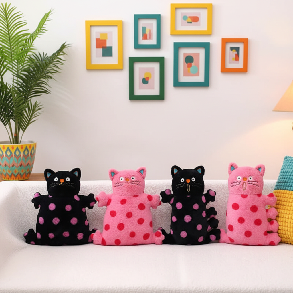 Four polka dot cat plushie cushions on a sofa with colorful frames on the wall.