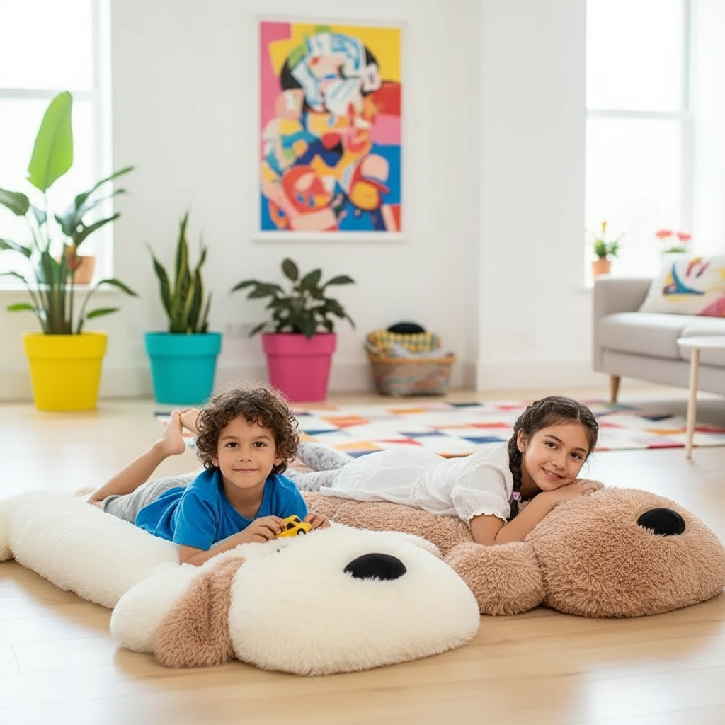 Two children lying on a large dog-shaped pillow in a bright, colorful room.