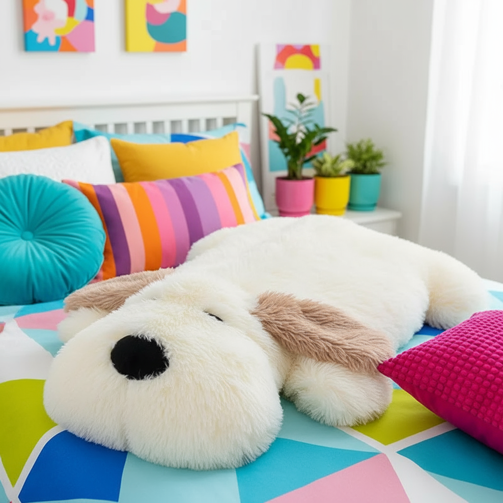 Colorful bedroom with a large plush dog pillow on a bed