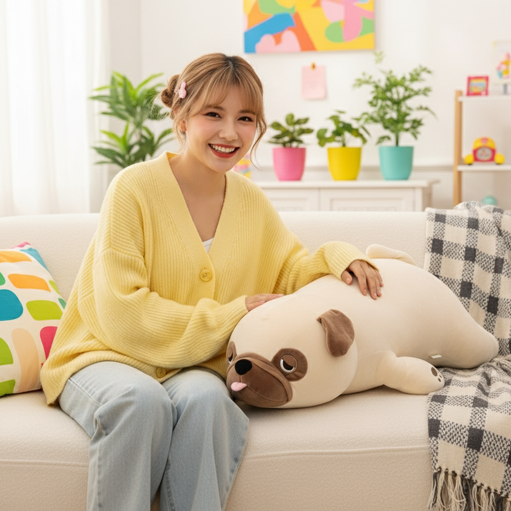 Woman sitting on a couch holding a large plush dog toy in a bright living room.