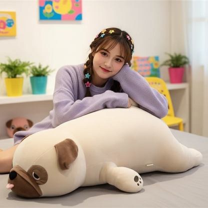Woman sitting on a large dog-shaped pillow in a room with colorful decor
