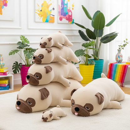 Stack of pug-shaped plush toys in a room with plants and colorful decor