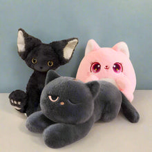 Three plush cat toys in black, gray, and pink on a white background with a discount label.