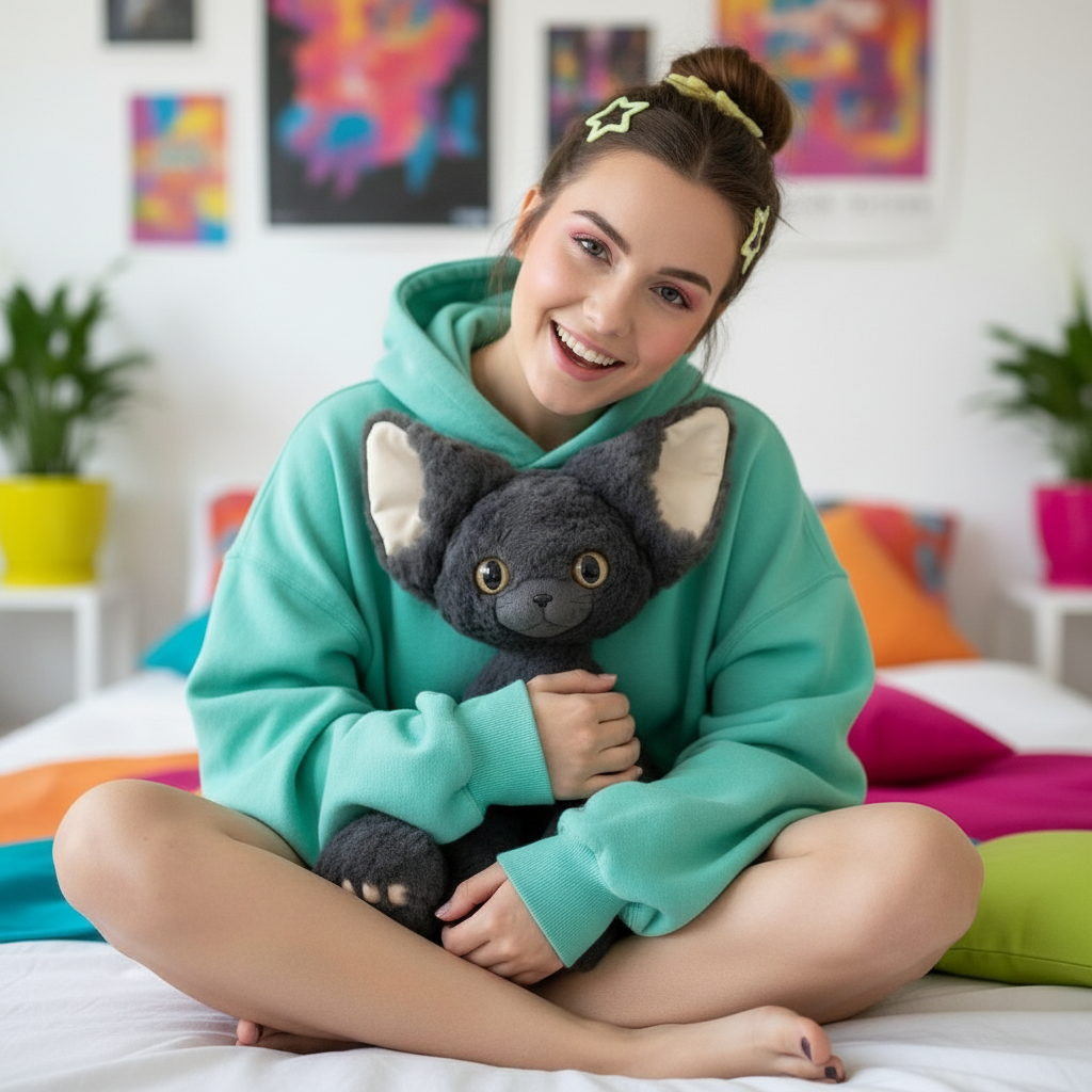 Person wearing a teal hoodie holding a plush cat in a colorful room.