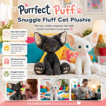Promotional graphic for the Purrfect Puff 'Snuggle Fluff' Cat Plushie, showing two plush cats side by side: one black and one white with blue eyes. The image includes marketing text, icons, and three small lifestyle photos at the bottom showing a woman holding and interacting with both plush cats.
