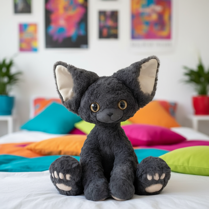 A gray Devon Rex cat plushie sitting on a bed in a vibrant bedroom setting