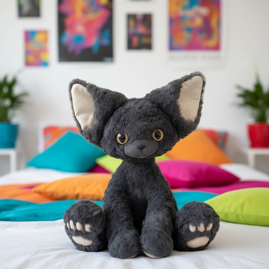 A gray Devon Rex cat plushie sitting on a bed in a vibrant bedroom setting