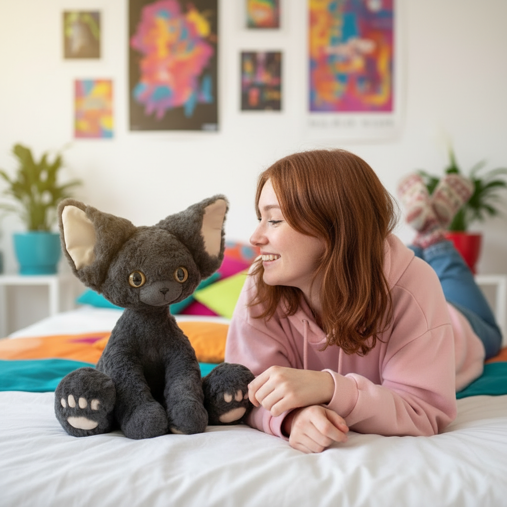 Woman lying on a bed with a large plush Devon Rex Cat Plushie, colorful artwork on the wall.