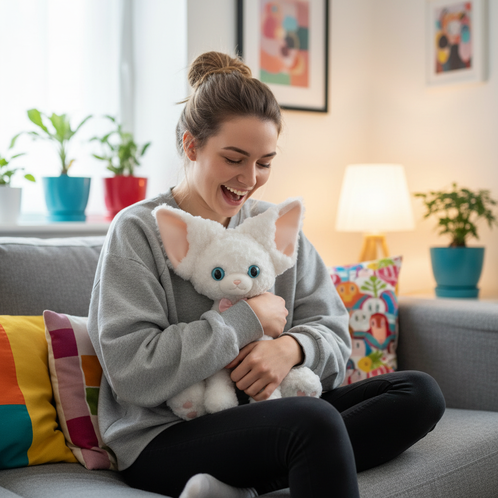 Woman sitting on a couch holding a Devon Rex Cat plush toy in a cozy living room.