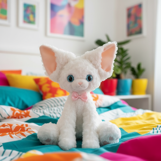 A white cat plushie sitting on a bed in a colorful bedroom setting