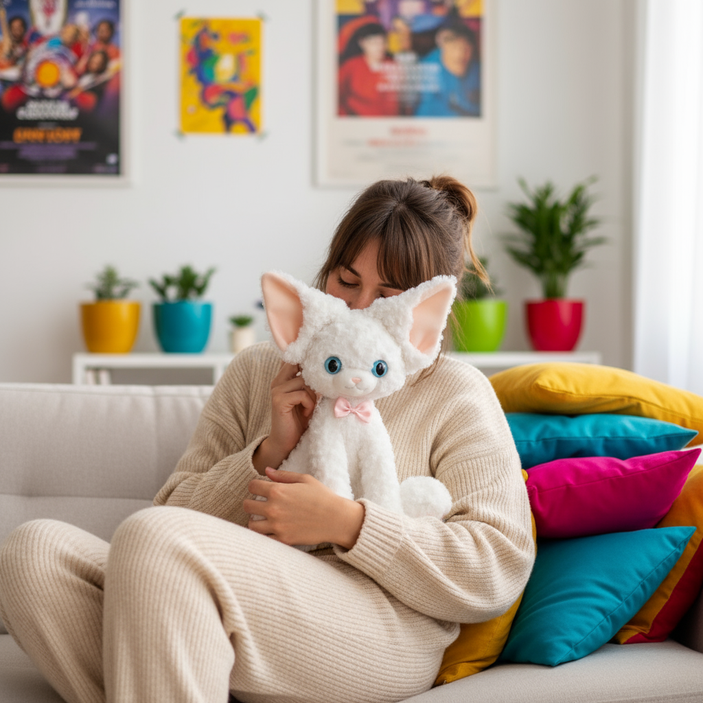 Woman sitting on a couch with colorful pillows holding a white cat plush toy in a living room setting