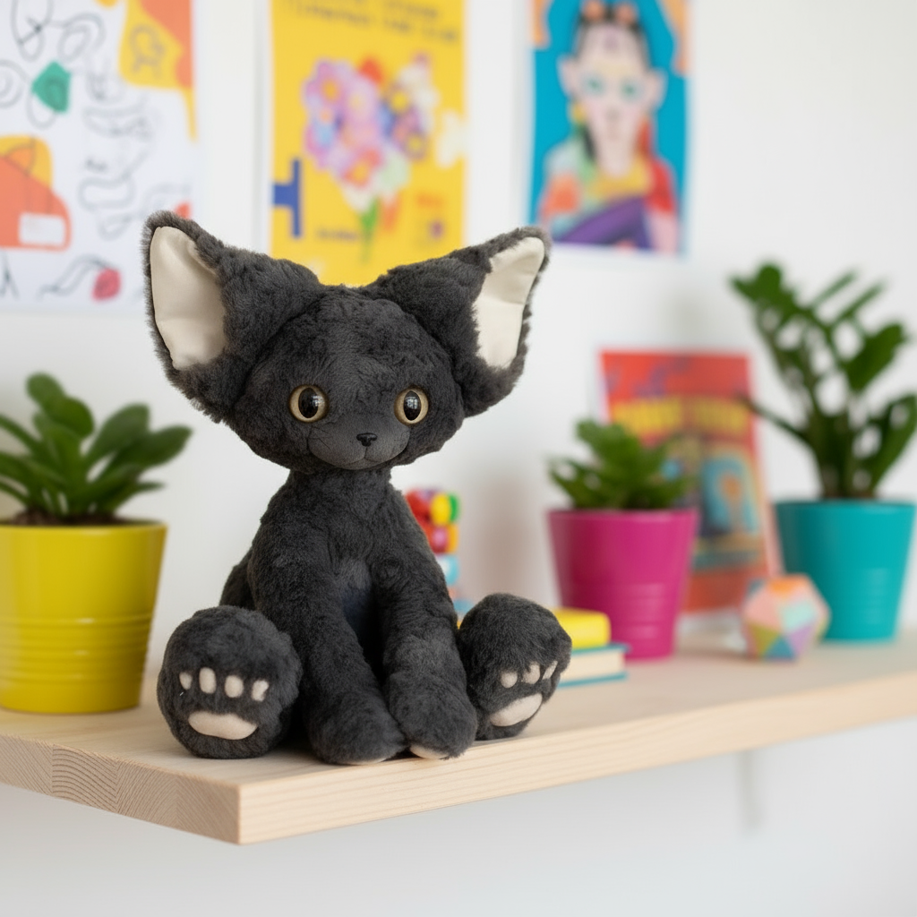Gray cat stuffed animal sitting on a wooden shelf surrounded by plants
