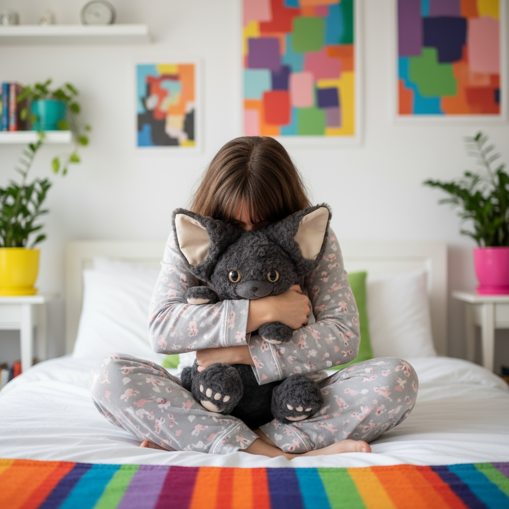 Woman sitting on a bed hugging a cat stuffed animal in a colorful bedroom setting