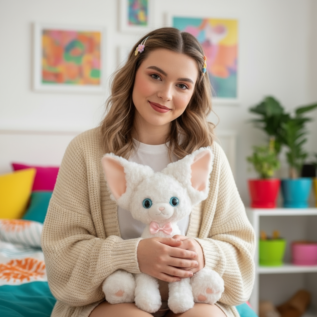 Young woman holding a white plush cat with pink bow in a colorful room.
