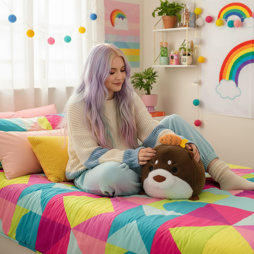 Person with purple hair sitting on a colorful bed holding a plush toy, surrounded by rainbow decorations.
