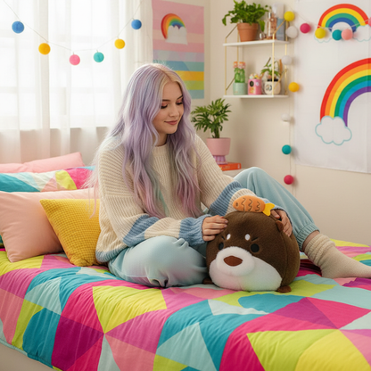 Person with purple hair sitting on a colorful bed holding a plush toy, surrounded by rainbow decorations.