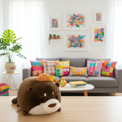 Plush toy on a wooden floor with a colorful couch and abstract art in the background
