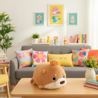 Plush toy otter on a wooden table in a living room with colorful pillows and decor.