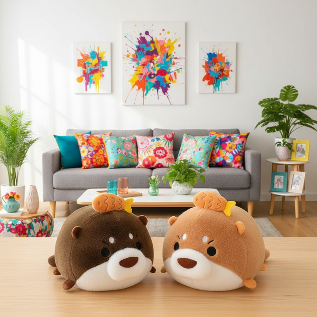 Two plush toys resembling otters on a wooden surface with a living room in the background.
