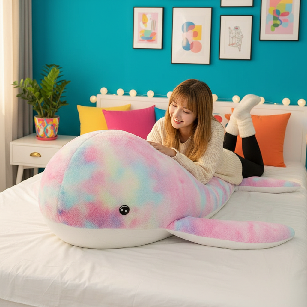 Woman lying on a bed with a large plush whale body pillow, surrounded by colorful pillows and abstract wall art