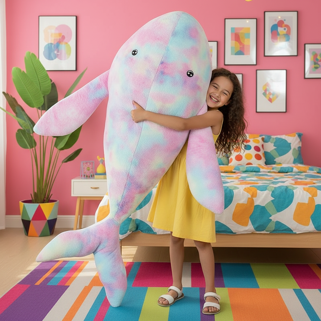 Child hugging a large, colorful plush whale in a vibrantly decorated bedroom.