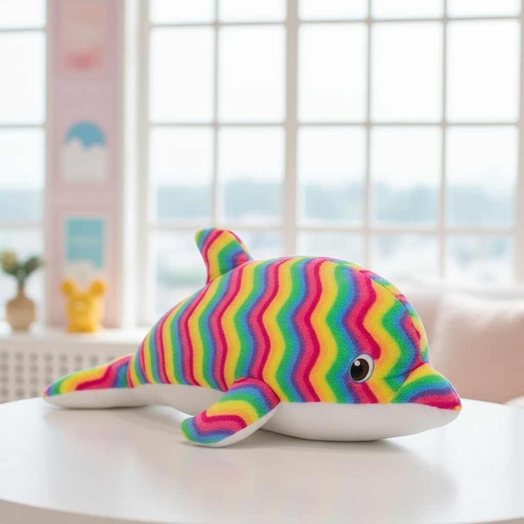 Colorful striped dolphin plush toy on a white surface with a blurred indoor background