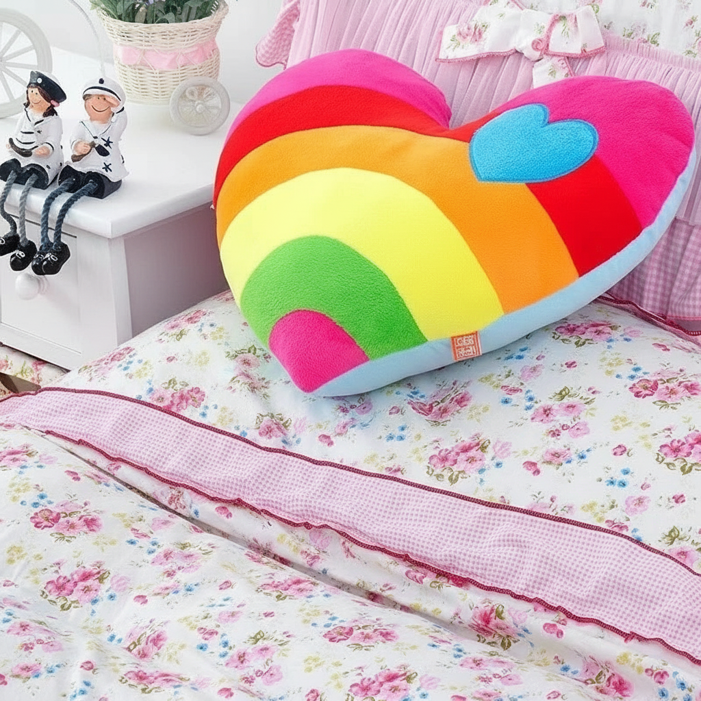 Colorful heart-shaped pillow on a floral bedspread with small figurines in the background.