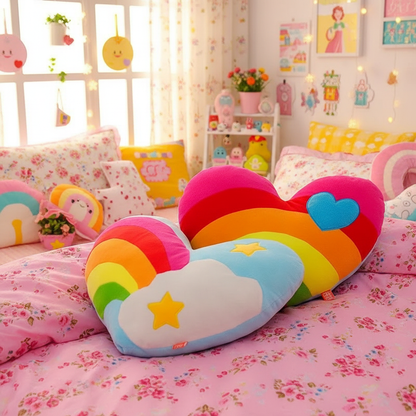 Colorful rainbow-shaped pillow on a bed in a child's bedroom with floral bedding and toys.
