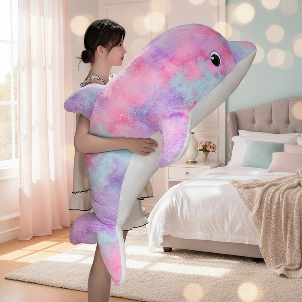 Woman holding a colorful dolphin stuffed animal in a bedroom