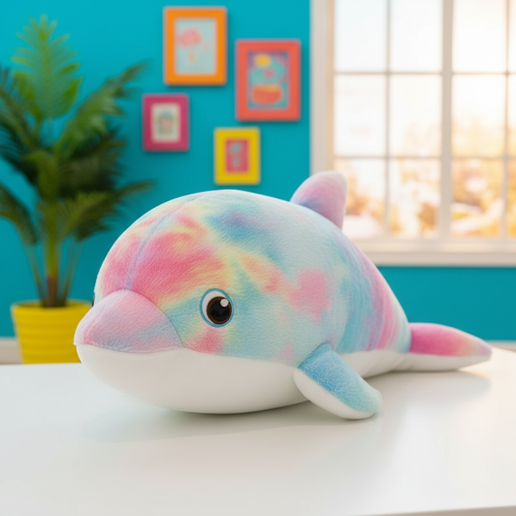 Colorful plush dolphin toy on a table with a bright blue wall and framed pictures in the background.