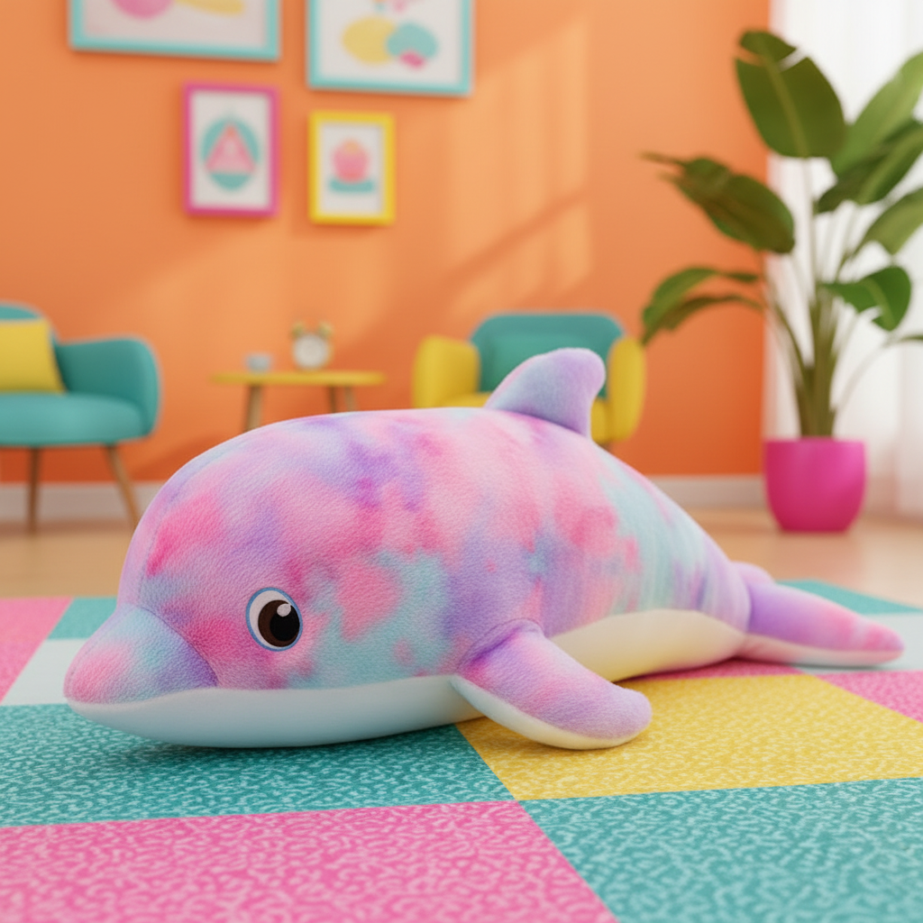 Purple rainbow dolphin plush toy on a bed with colorful pillows and a plant in the background